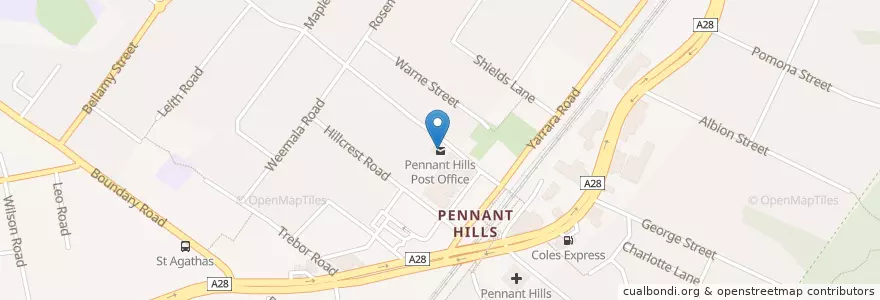 Mapa de ubicacion de Pennant Hills Post Office en Australië, Nieuw-Zuid-Wales, The Council Of The Shire Of Hornsby, Sydney.