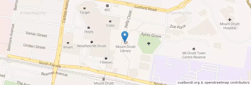 Mapa de ubicacion de Mount Druitt Library en Australia, New South Wales, Sydney, Blacktown City Council.