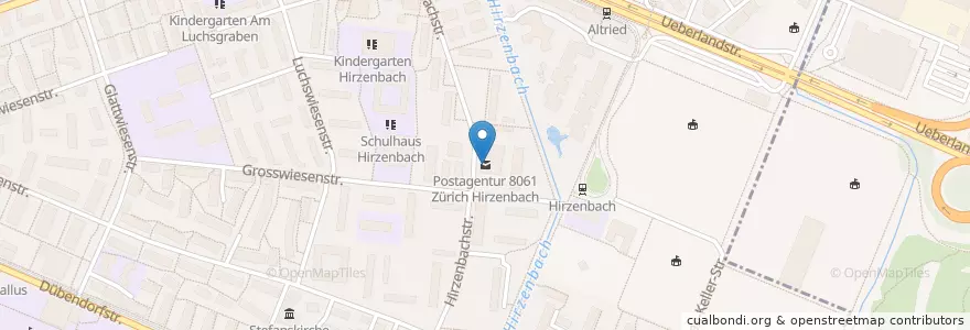 Mapa de ubicacion de Postagentur 8061 Zürich Hirzenbach en Suíça, Zurique, Bezirk Zürich, Zürich.