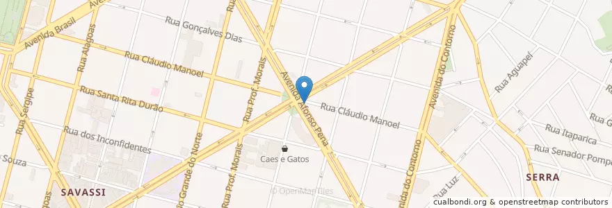 Mapa de ubicacion de Café São Benedito en ブラジル, 南東部地域, ミナス ジェライス, Região Geográfica Intermediária De Belo Horizonte, Região Metropolitana De Belo Horizonte, Microrregião Belo Horizonte, ベロオリゾンテ.