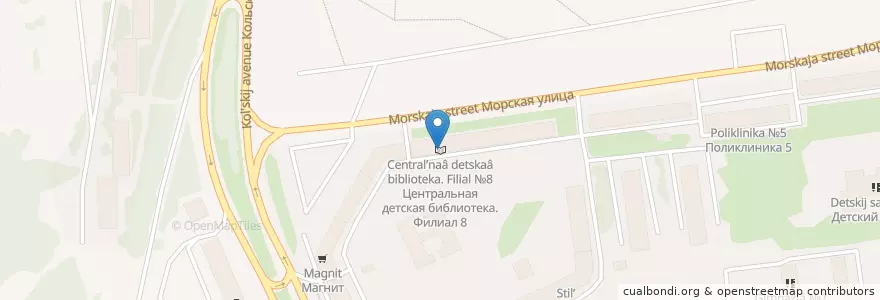 Mapa de ubicacion de Центральная детская библиотека. Филиал №8 en Rusia, Северо-Западный Федеральный Округ, Óblast De Múrmansk, Городской Округ Мурманск.