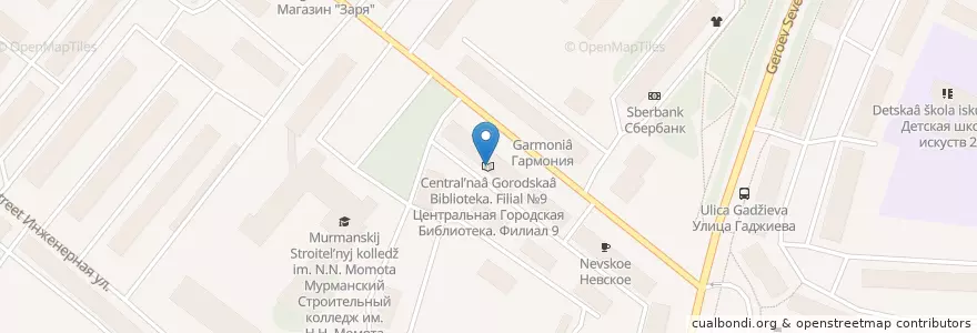 Mapa de ubicacion de Центральная городская библиотека. Филиал №9 en Russie, District Fédéral Du Nord-Ouest, Oblast De Mourmansk, Городской Округ Мурманск.