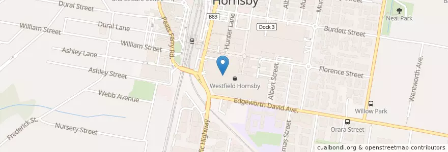 Mapa de ubicacion de Westfield Hornsby en Austrália, Nova Gales Do Sul, The Council Of The Shire Of Hornsby, Sydney.
