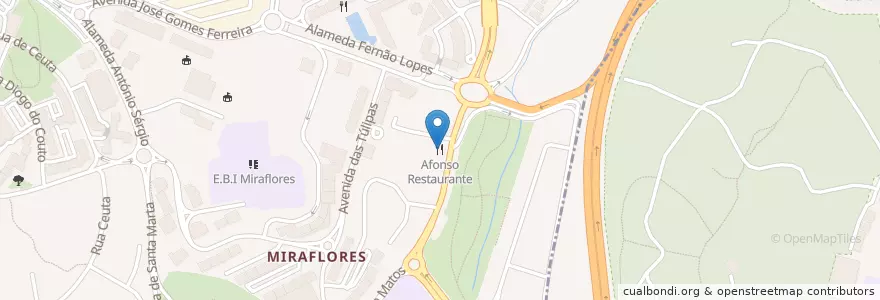 Mapa de ubicacion de Afonso Restaurante en ポルトガル, Área Metropolitana De Lisboa, Lisboa, Grande Lisboa, Oeiras, Algés, Linda-A-Velha E Cruz Quebrada-Dafundo.
