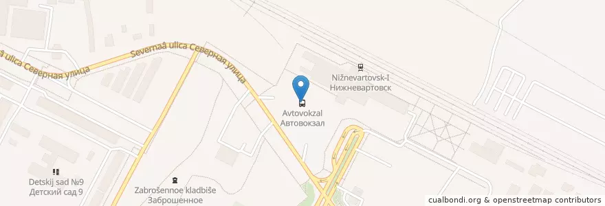 Mapa de ubicacion de Автовокзал en ロシア, ウラル連邦管区, ハンティ・マンシ自治管区・ユグラ, ニジネヴァルトフスク地区, ニジネヴァルトフスク管区.