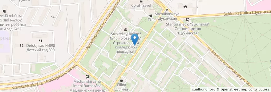 Mapa de ubicacion de Библиотека №45 en ロシア, 中央連邦管区, モスクワ, Северо-Западный Административный Округ, Район Щукино.