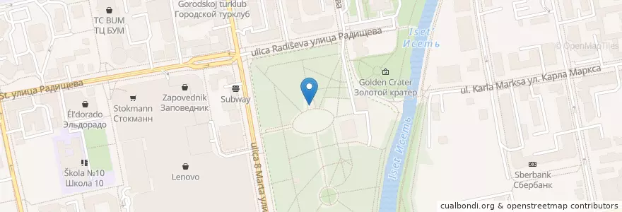 Mapa de ubicacion de Скамейка влюблённых en ロシア, ウラル連邦管区, スヴェルドロフスク州, エカテリンブルク管区.