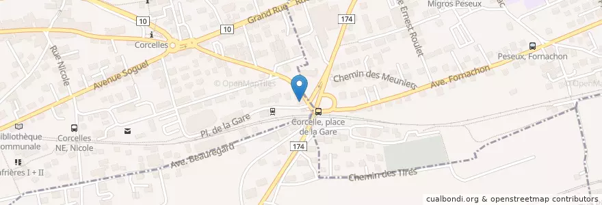 Mapa de ubicacion de Restaurant de la Gare en Schweiz/Suisse/Svizzera/Svizra, Neuchâtel, District De Boudry, Corcelles-Cormondrèche, Peseux.