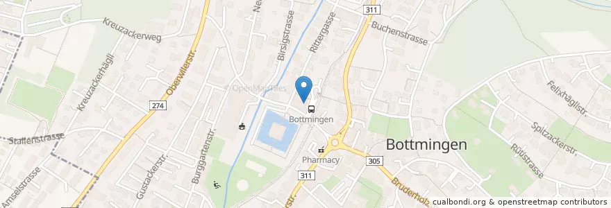 Mapa de ubicacion de Post 4103 Bottmingen en سويسرا, Basel-Landschaft, Bezirk Arlesheim, Bottmingen.