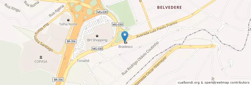 Mapa de ubicacion de Bradesco en 브라질, 남동지방, 미나스제라이스, Região Geográfica Intermediária De Belo Horizonte, Região Metropolitana De Belo Horizonte, Microrregião Belo Horizonte, 벨루오리존치.