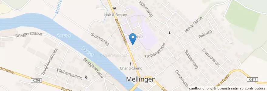 Mapa de ubicacion de Mellingen en Suíça, Aargau, Bezirk Baden, Mellingen.