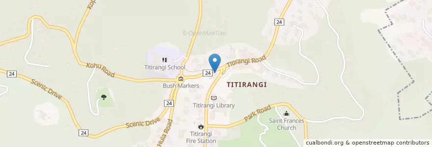 Mapa de ubicacion de Titirangi Theatre en Nieuw-Zeeland, Auckland, Waitākere Ranges.