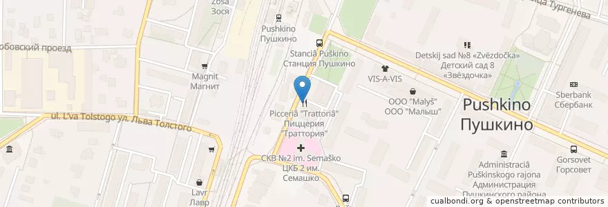 Mapa de ubicacion de Пиццерия "Траттория" en Rusia, Distrito Federal Central, Óblast De Moscú, Пушкинский Городской Округ.