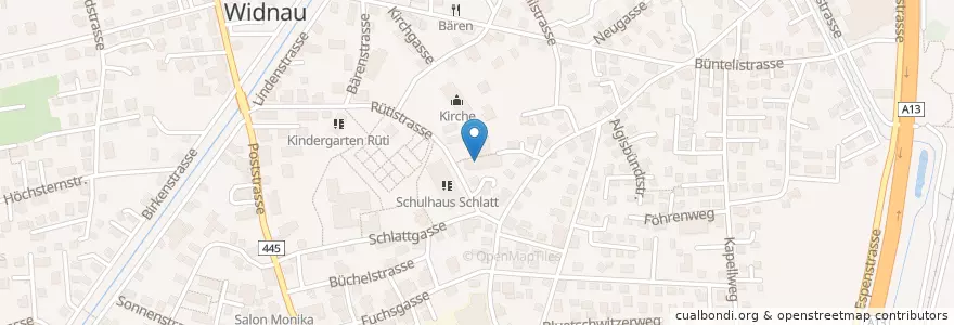 Mapa de ubicacion de Bibliothek Widnau en Schweiz/Suisse/Svizzera/Svizra, Sankt Gallen, Wahlkreis Rheintal, Widnau.