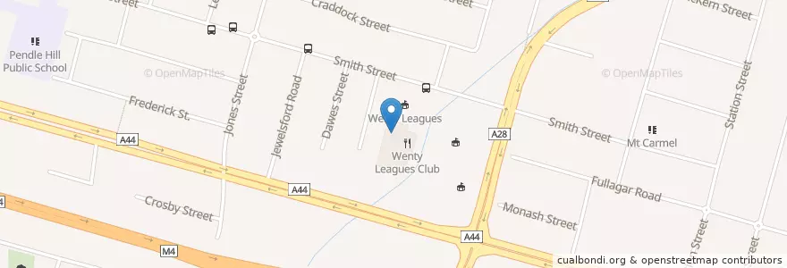 Mapa de ubicacion de Wenty Leagues Club en Australia, New South Wales, Sydney, Cumberland City Council.