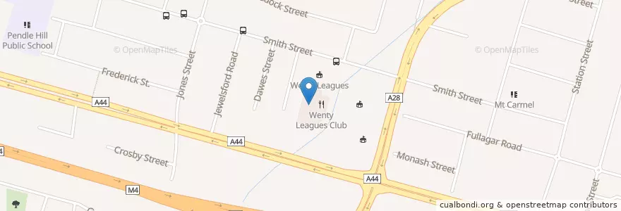 Mapa de ubicacion de Wenty Leagues Club en 오스트레일리아, New South Wales, 시드니, Cumberland City Council.