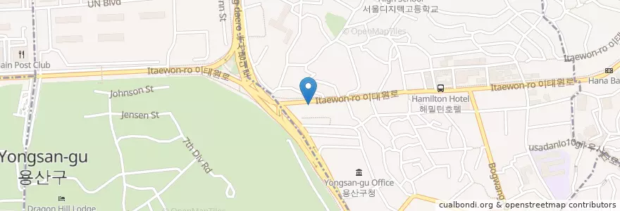 Mapa de ubicacion de Santorini Taverna en Corea Del Sud, Seul, 용산구, 용산2가동, 이태원1동.