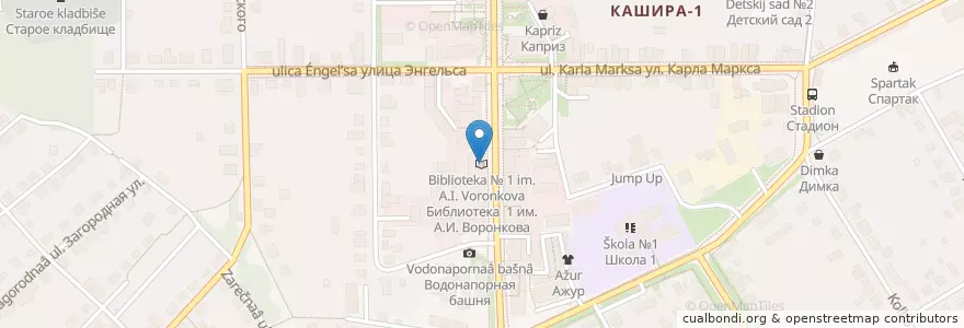 Mapa de ubicacion de Библиотека № 1 им. А.И. Воронкова en Rusland, Centraal Federaal District, Oblast Moskou, Городской Округ Кашира.