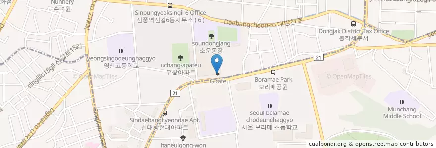 Mapa de ubicacion de G cafe en 대한민국, 서울, 영등포구, 동작구, 신길6동.