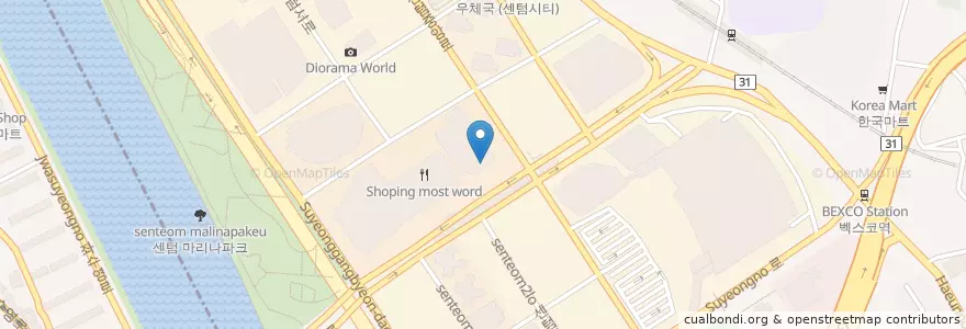 Mapa de ubicacion de 롯데시네마 en Zuid-Korea, Busan, 해운대구, 우동.