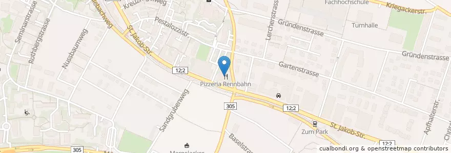Mapa de ubicacion de Pizzeria Rennbahn en Svizzera, Basilea Campagna, Bezirk Arlesheim, Muttenz.