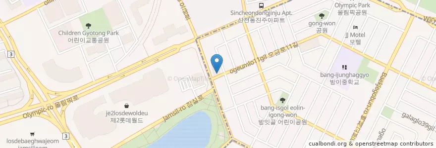 Mapa de ubicacion de 커핀그루나루 en 대한민국, 서울, 송파구, 방이2동.
