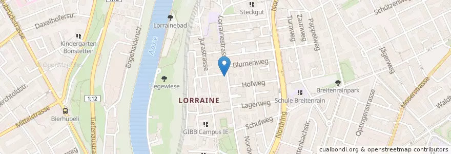 Mapa de ubicacion de Briefeinwurf Bern, Lorrainestrasse en Schweiz/Suisse/Svizzera/Svizra, Bern/Berne, Verwaltungsregion Bern-Mittelland, Verwaltungskreis Bern-Mittelland, Bern.