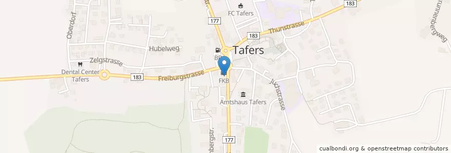 Mapa de ubicacion de Strom für Elektroautos en スイス, Fribourg/Freiburg, Sensebezirk, Tafers.