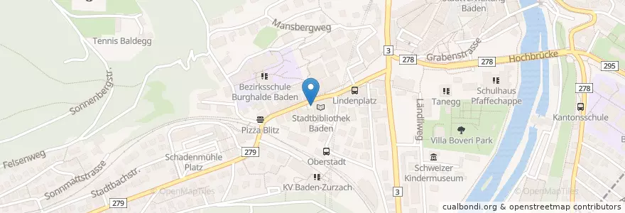 Mapa de ubicacion de Stadtbibliothek Baden en Suíça, Aargau, Bezirk Baden, Baden.