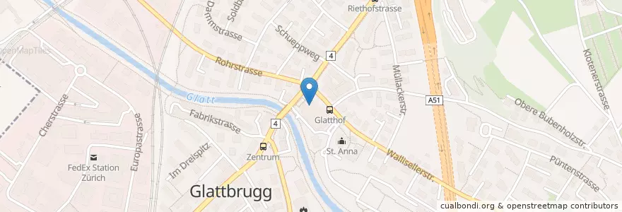 Mapa de ubicacion de Medbase Apotheke Glattbrugg en 瑞士, 蘇黎世, Bezirk Bülach, Opfikon.