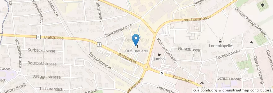 Mapa de ubicacion de Öufi-Brauerei en 스위스, Solothurn, Amtei Solothurn-Lebern, Bezirk Solothurn, Solothurn.