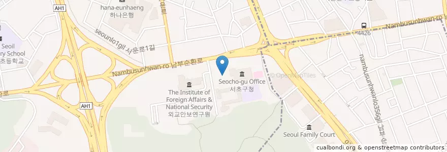 Mapa de ubicacion de 서초구청 유료주차장 (Seocho Gu Office Parking lot) en 大韓民国, ソウル, 瑞草区, 서초동, 서초2동.