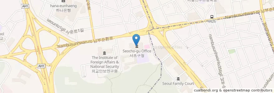 Mapa de ubicacion de 瑞草区庁 en 大韓民国, ソウル, 瑞草区, 서초동, 서초2동.