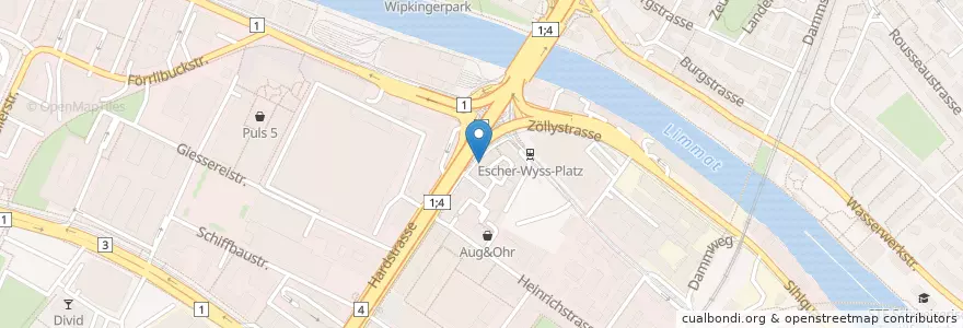 Mapa de ubicacion de Wurst und Moritz en Zwitserland, Zürich, Bezirk Zürich, Zürich.
