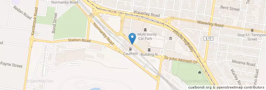 Mapa de ubicacion de Caulfield Station en Australia, Victoria, City Of Glen Eira.