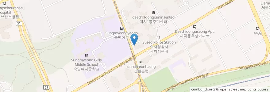 Mapa de ubicacion de 압구정 볶는커피 en South Korea, Seoul, Gangnam-Gu, Daechi-Dong, Daechi 1(Il)-Dong.