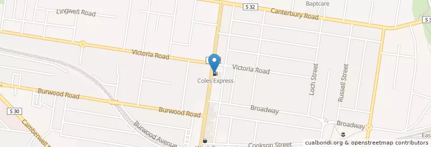 Mapa de ubicacion de Coles Express en Austrália, Victoria, City Of Boroondara.