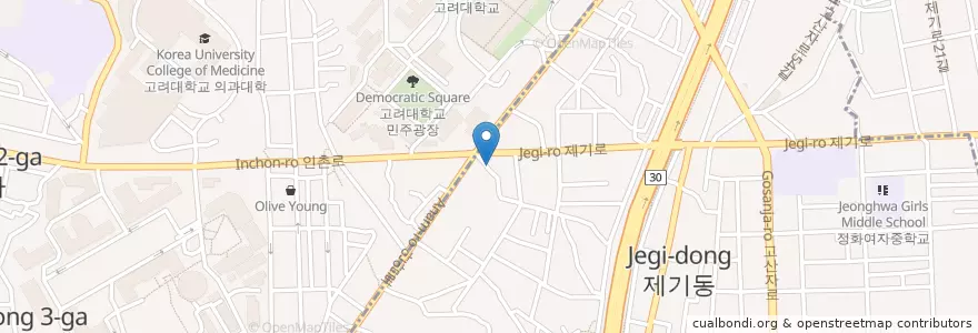 Mapa de ubicacion de 고대앞원조멸치국수 en كوريا الجنوبية, سول, 동대문구, 제기동.