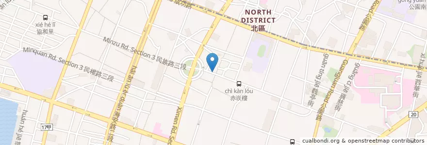 Mapa de ubicacion de 不餓門廣東粥 en تایوان, 臺南市, 中西區.
