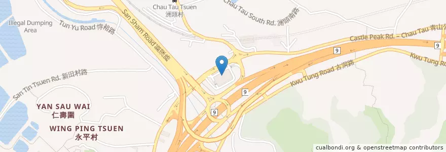Mapa de ubicacion de 過境穿梭巴士新田總站 Huanggang Shuttle Bus en China, Hong Kong, Cantão, Novos Territórios, 元朗區 Yuen Long District.
