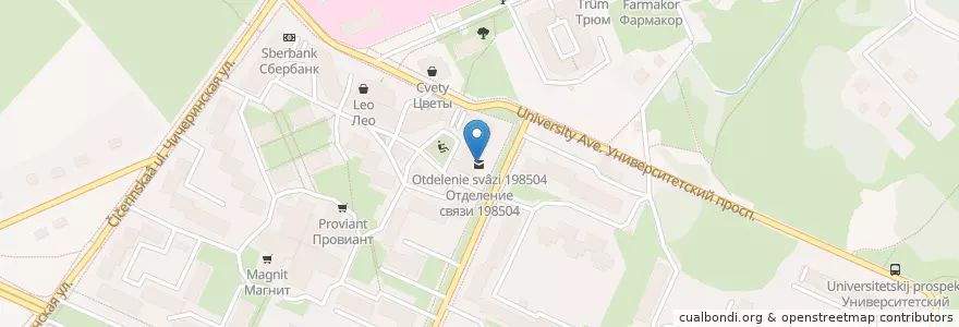 Mapa de ubicacion de Отделение связи 198504 en Russie, District Fédéral Du Nord-Ouest, Oblast De Léningrad, Saint-Pétersbourg, Петродворцовый Район, Peterhof.