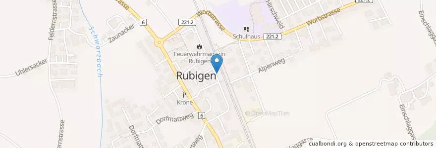 Mapa de ubicacion de Rubigen Bahnhof en Schweiz/Suisse/Svizzera/Svizra, Bern/Berne, Verwaltungsregion Bern-Mittelland, Verwaltungskreis Bern-Mittelland, Rubigen.