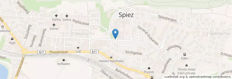 Mapa de ubicacion de Spiez Kirche en Schweiz/Suisse/Svizzera/Svizra, Bern/Berne, Verwaltungsregion Oberland, Verwaltungskreis Frutigen-Niedersimmental, Spiez.