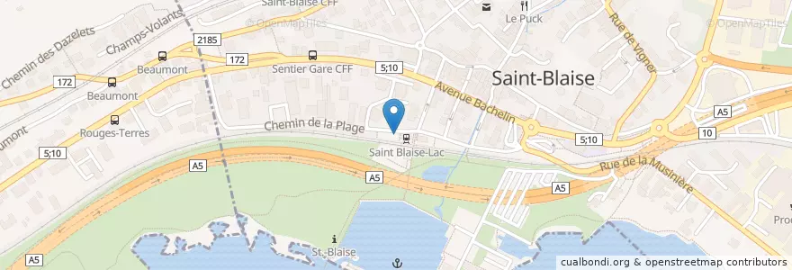 Mapa de ubicacion de St-Blaise Gare St-Blaise-Lac en 스위스, Neuchâtel, District De Neuchâtel.