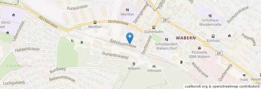 Mapa de ubicacion de Wabern Bahnhof en スイス, ベルン, Verwaltungsregion Bern-Mittelland, Verwaltungskreis Bern-Mittelland, Köniz.