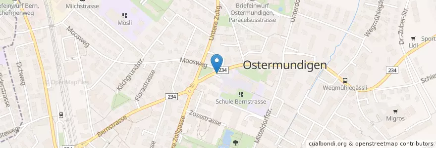 Mapa de ubicacion de Briefeinwurf Ostermundigen, Bushaltestelle Zollgasse en 瑞士, 伯尔尼, Verwaltungsregion Bern-Mittelland, Verwaltungskreis Bern-Mittelland, Ostermundigen.