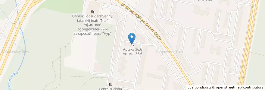 Mapa de ubicacion de Аптека 36.6 en ロシア, 沿ヴォルガ連邦管区, バシコルトスタン共和国, ウファ管区.