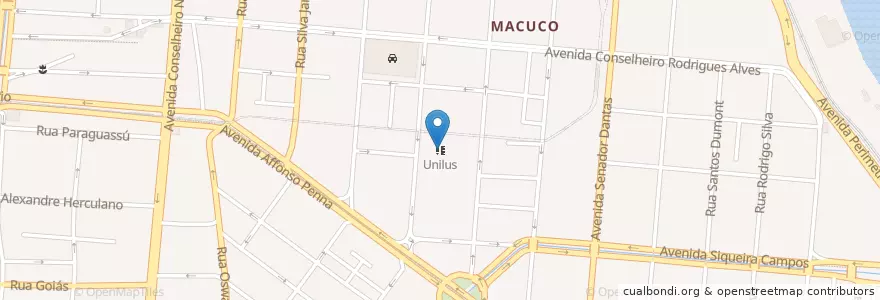 Mapa de ubicacion de Unilus en 브라질, 남동지방, 상파울루, Região Geográfica Intermediária De São Paulo, Região Imediata De Santos, Região Metropolitana Da Baixada Santista, Santos.