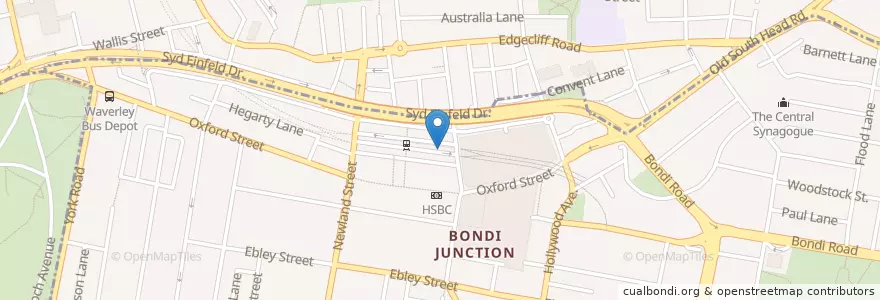 Mapa de ubicacion de Bondi Junction Interchange en Australia, New South Wales, Waverley Council, Sydney.