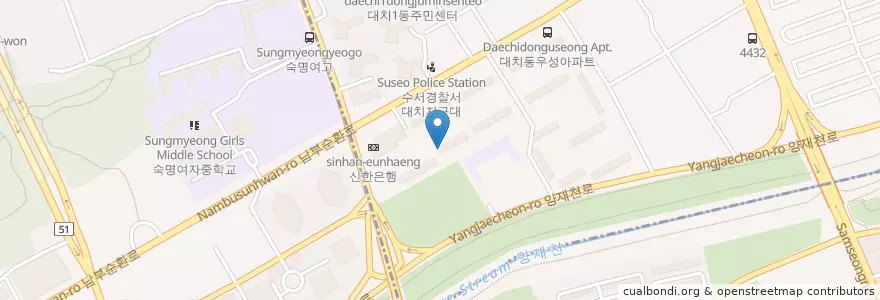 Mapa de ubicacion de 신한은행도곡역지점 en South Korea, Seoul, Gangnam-Gu, Daechi-Dong, Daechi 1(Il)-Dong.